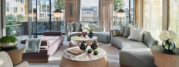 Grand Pavilion Penthouse at The Berkeley - lounge area with couches, coffee tables and floor-to-ceiling windows.