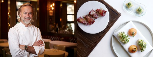 A photo of Marcus Wareing in his restaraurant at The Berekeley, side by side with a dish image